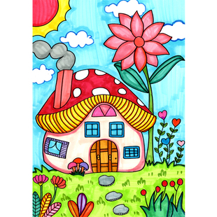 儿童创意马克笔手绘卡通小房子初级临摹卡少儿美术漫画范卡素材