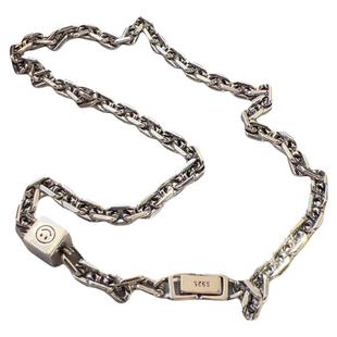 韩国定制s925纯银方块笑脸项链小众短款粗链条个性复古重工锁骨链