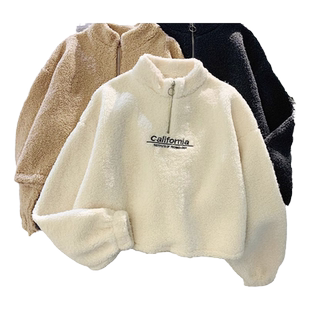 半高领拉链短款长袖外套女秋冬季宽松字母刺绣羊羔绒上衣加绒加厚