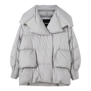 H·GENTEEL荷高新款冬装女毛织拼接感短款宽松白鹅绒羽绒服女