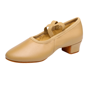 真皮面舞蹈鞋软底女士驼色练功鞋成人教师鞋带跟中跟古典中国舞鞋