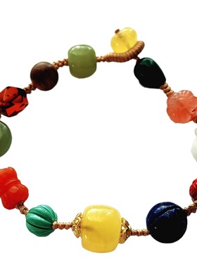 多宝手串天然蜜蜡手绳和田玉青金南红绿松复古国潮设计感个性手串