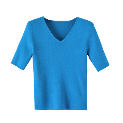 晚白纯色高弹修身V领针织T恤