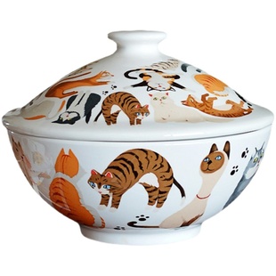 创意猫猫日式泡面碗汤碗带盖子陶瓷餐具可爱少女心水果沙拉碗盖碗
