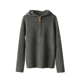 新年红 羊毛+羊绒 女士连帽毛衣半开领长袖针织衫保暖上衣 秋冬款