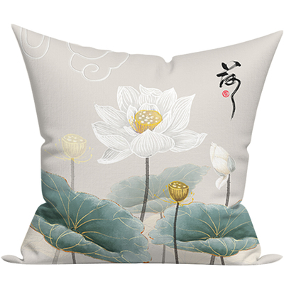 棉麻抱枕新中式沙发靠枕荷花布艺枕头床头腰枕汽车靠垫家用禅意枕
