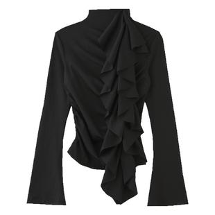 VCR STUDIO荷叶边高级设计感针织衫女秋冬显瘦长袖黑色内搭上衣