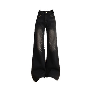 复古高腰喇叭牛仔裤女宽松显瘦拖地黑色长裤垂感微喇裤立体女士