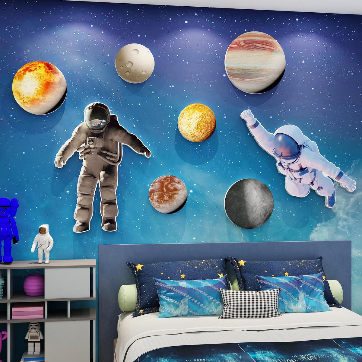 太空人宇航员星球环创主题儿童房间布置墙面装饰壁画男孩卧室贴纸