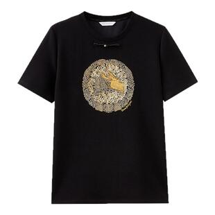 水云间短袖T恤中国风龙纹刺绣盘扣圆领上衣女正肩显瘦2025夏新款