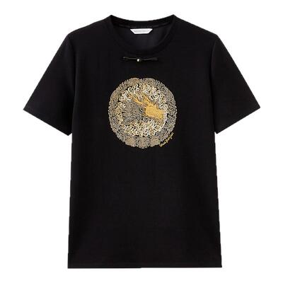 水云间短袖T恤中国风龙纹刺绣盘扣圆领上衣女正肩显瘦2026夏新款