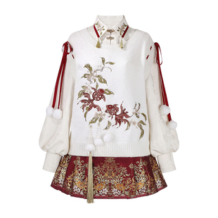 针织衫女春秋国风汉元素小个子短款半身裙2026马年拜年服新年战袍