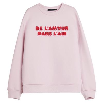 ELLE粉色浪漫刺绣圆领长袖卫衣女2025秋季新款套头时髦优雅上衣