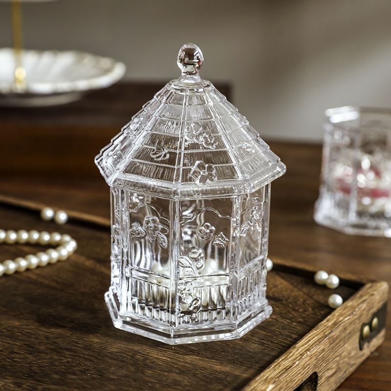 复古玻璃糖果罐咖啡糖缸棉签首饰收纳盒家用城堡储物罐子高脚盅
