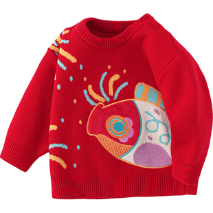 巴拉巴拉宝宝针织衫婴儿过年红色拜年服毛衣秋冬季新款童装打底衫