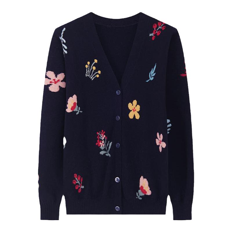 鹿王100%羊绒衫女士V领提花组织刺绣女简约百搭保暖开衫春秋新款