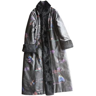 云澍原创手绘龟纹香云纱兔毛棉服女长款冬季蚕丝宽松中式文艺棉袄