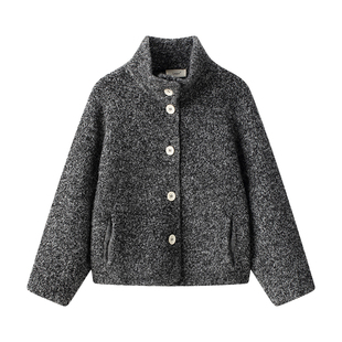 Lagur 极简阔型Ma*mara加厚毛衣100%羊毛纽扣开衫立领外套女冬季