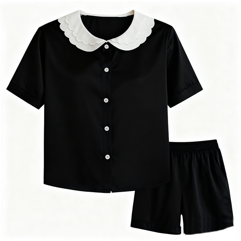 银桑INESANCE100%桑蚕丝短袖短裤家居服两件套夏季真丝睡衣女甜美