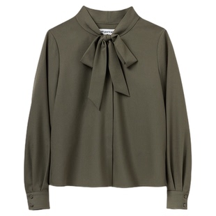 self-portrait 2025早秋新款橄榄绿通勤蝴蝶结领斜纹衬衫上衣