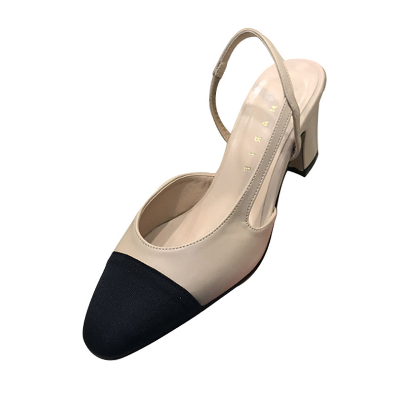 小小苏单鞋女撞色圆头浅口后绊带侧空小粗跟通勤OL高跟鞋B06F