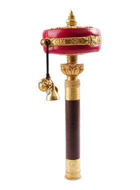 西藏纯铜手摇转金轮民族用品手动转金桶红皮革家用转动桶摆件