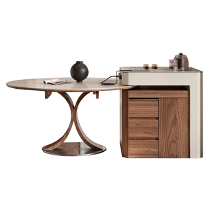 分离式岛台圆餐桌一体可伸缩家用中古风开放厨房高级感岩板中岛台