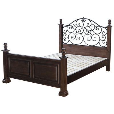 美式乡村实木床黑胡桃木双人床1.5米1.8主卧复古铁艺木床家用大床