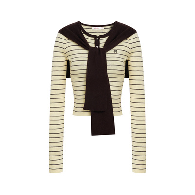 撞色条纹披肩领针织假两件上衣