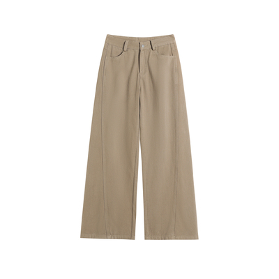 卡其色弯刀阔腿牛仔裤女