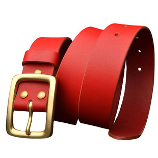 皮带男士头层牛皮本命年红腰带黄铜针扣真皮裤带红色皮带休闲加长