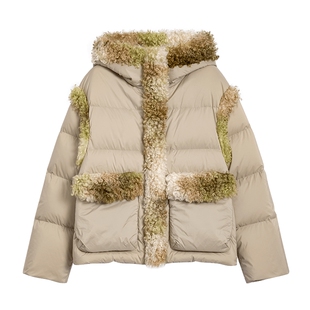 【保暖90白鸭绒】Desigual仿羊羔毛拼接连帽女士羽绒服