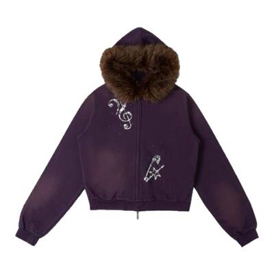 可拆卸大毛领短外套珠片绣卫衣