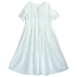 【风的叙述】白色连衣裙圆领流苏系带女士夏季短袖薄款宽松A字裙