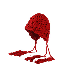 手工钩花针织帽女秋冬季甜美气质保暖毛线帽护耳民族风流苏帽子冬