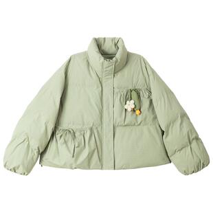 KEIKO 俏皮感小青瓜饰绿色短款棉服棉袄女冬季加厚保暖面包服外套