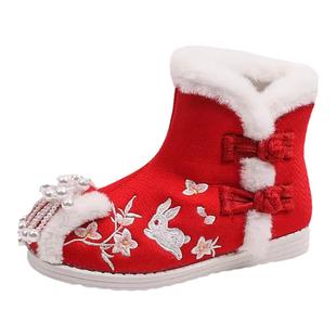汉服鞋女童冬季加绒儿童绣花鞋红色配裙国风古装过年鞋子古风靴子