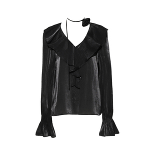 DPLAY黑色衬衫女V领新款法式气质喇叭袖衬衣雪纺衫长袖上衣