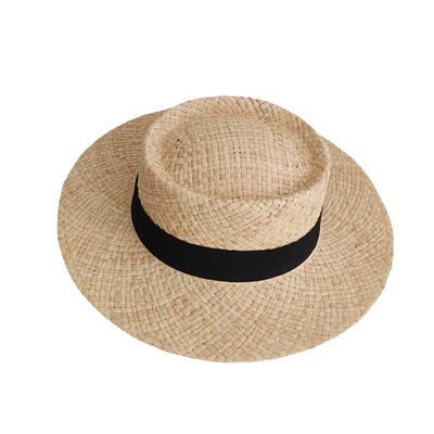 凹槽平顶拉菲草帽子海边法式复古