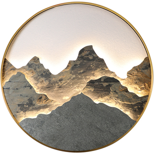 入户玄关壁画灯岩板新中式茶室禅意沙发背景墙山水装饰画楼梯壁灯