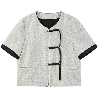 太平鸟女装夏季国风扣衬衫式休闲气质T恤金属质感短外套A1BBE2345