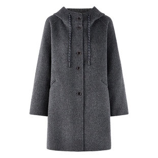 秋水伊人简约连帽毛呢外套女2025年冬季新款经典格雷系双面呢大衣
