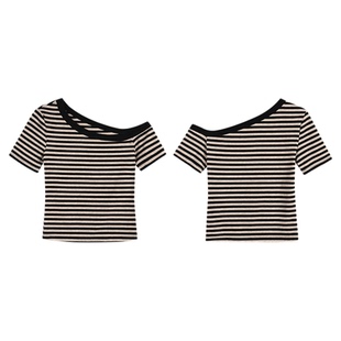 NEVA HU 气质斜领露肩条纹T恤女2025显瘦百搭修身短款设计感上衣