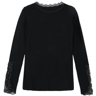 打底衫女内搭2025春秋新款莫代尔低领蕾丝黑色上衣薄款长袖t恤女