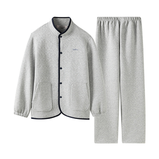 美标秋冬新款三层薄夹棉夹层纯棉睡衣套装男可外穿立领全棉家居服