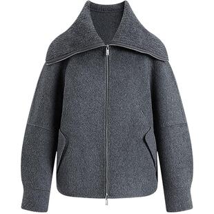 KBNE灰色大翻领羊毛双面呢大衣女装2025冬季新款灰色短款呢子外套