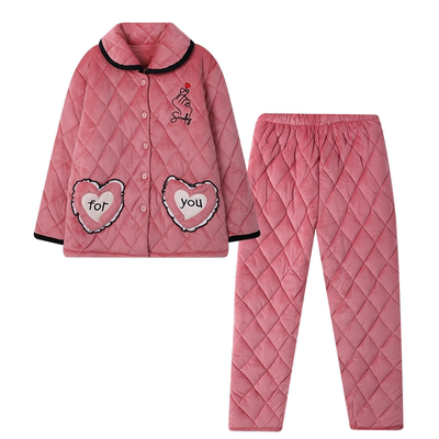 秋冬季家居服三层夹棉保暖睡衣女