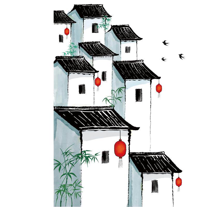 水墨画徽派建筑贴纸贴画