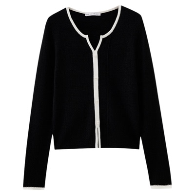 水云间黑色窄v领毛针织衫女修身长袖上衣叠穿内搭打底2025秋新款