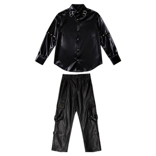 儿童街舞潮服男童嘻哈少年演出服架子鼓摇滚亮面黑衬衫炫酷套装